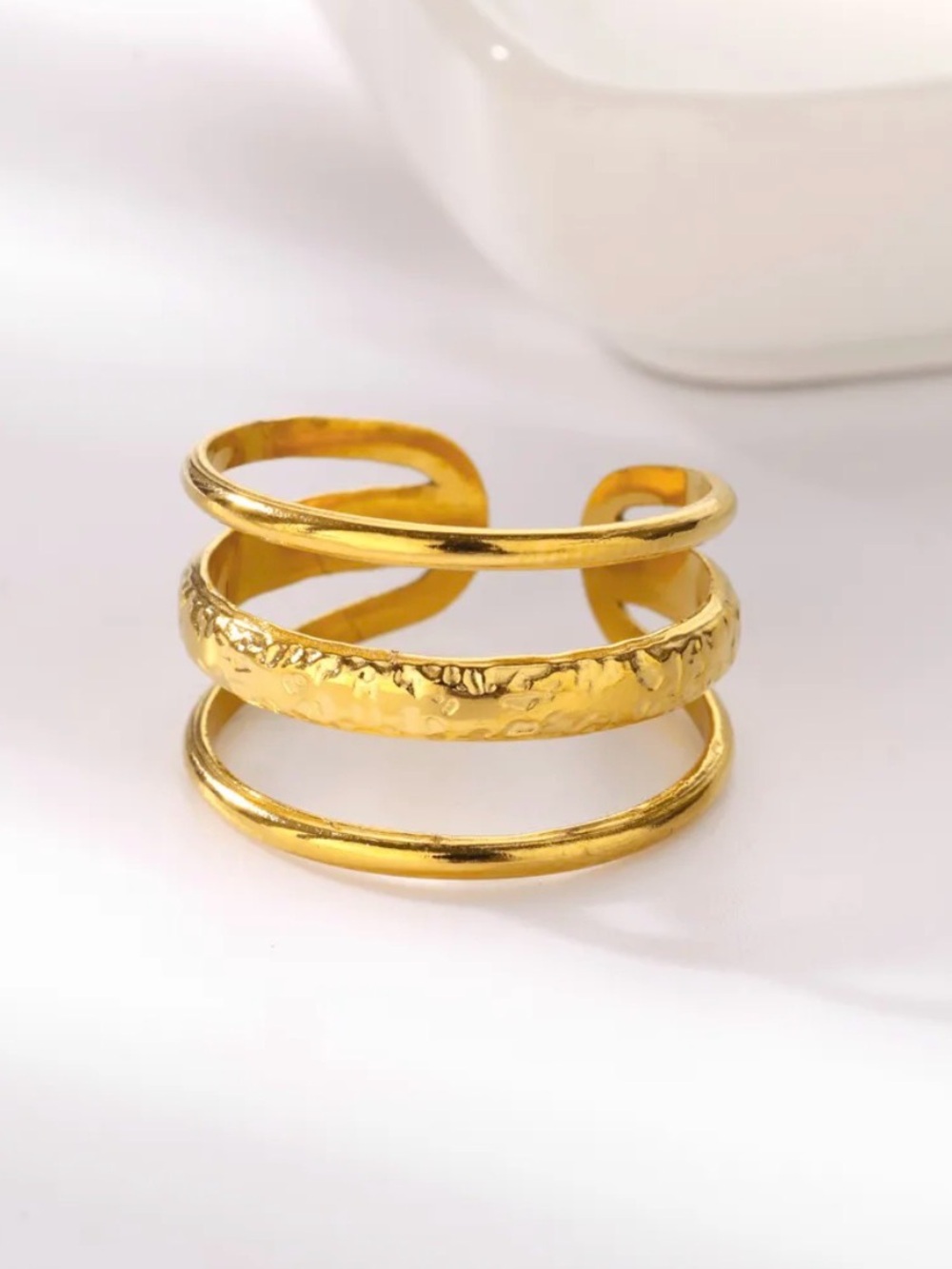Gold PVD Stainless Steel Triple Band Open Ring | Adjustable Statement Ring
